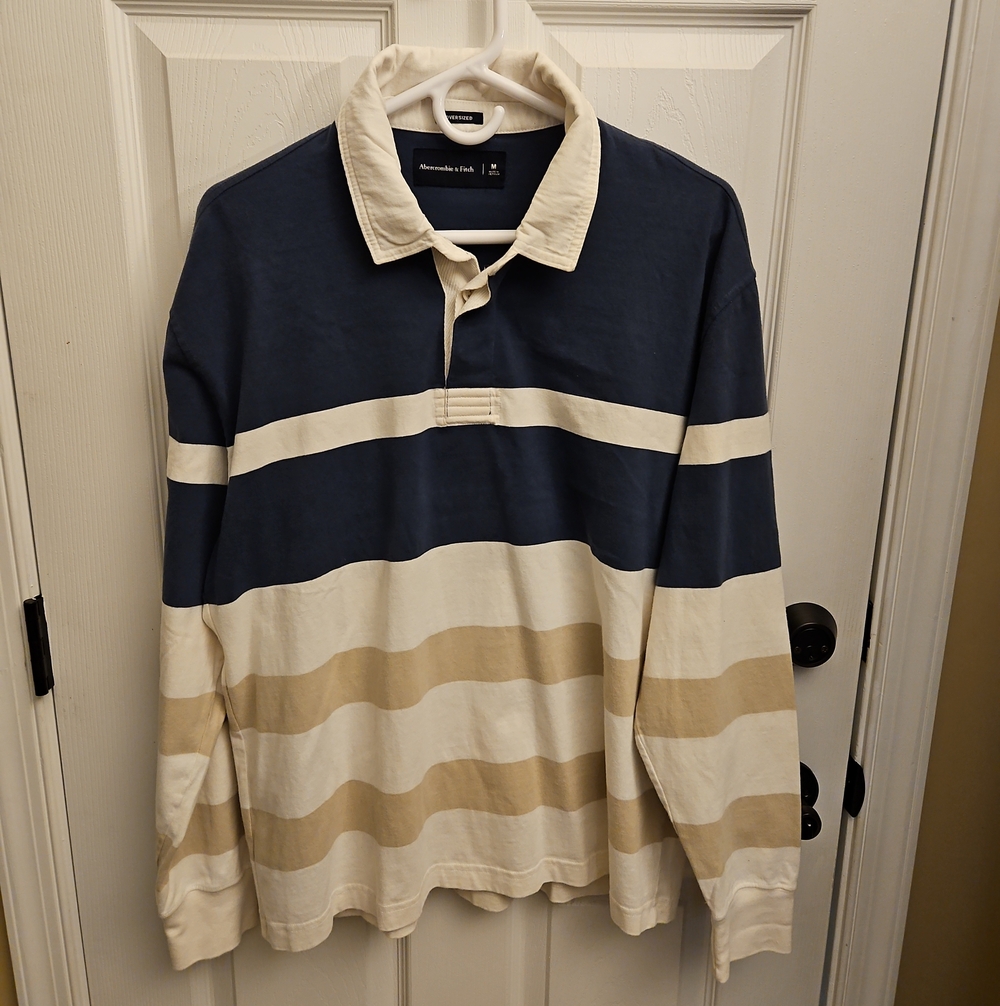 Abercrombie & Fitch Striped Rugby Polo, Oversized | Navy, Cream & Tan